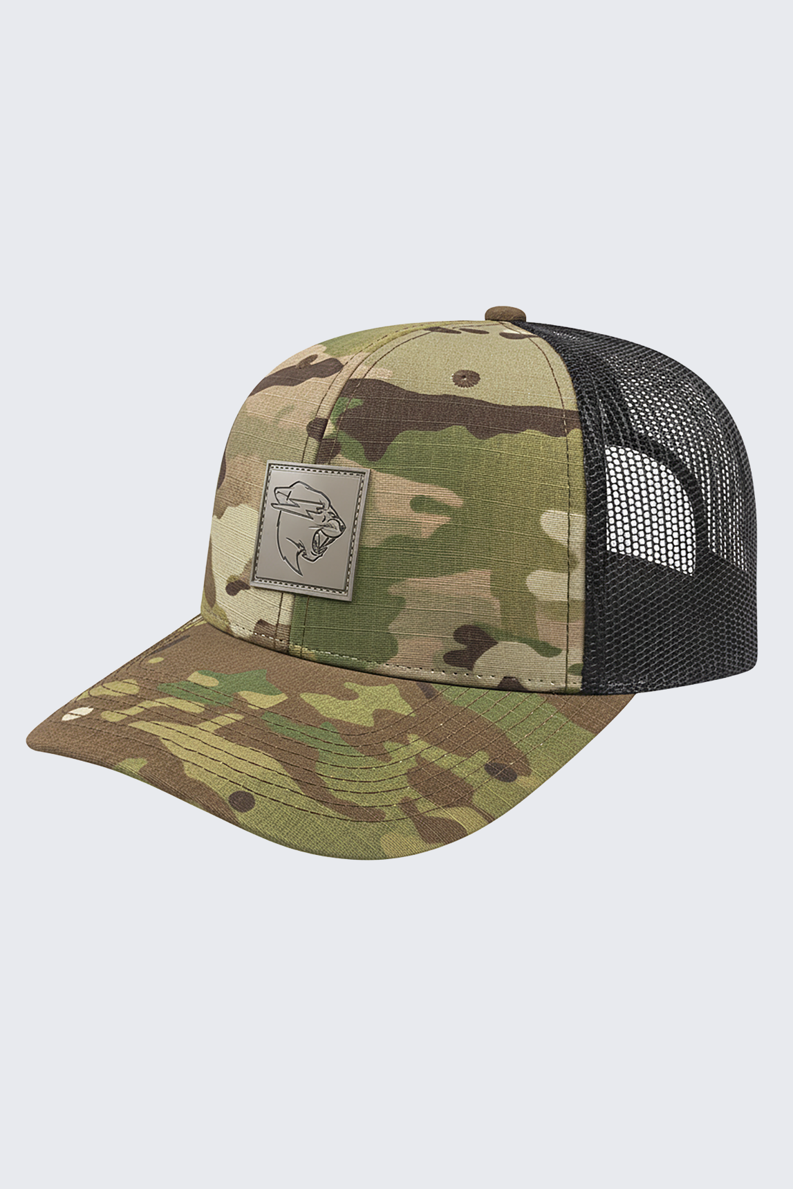 Camouflage baseball cap with a black mesh back on a light gray background