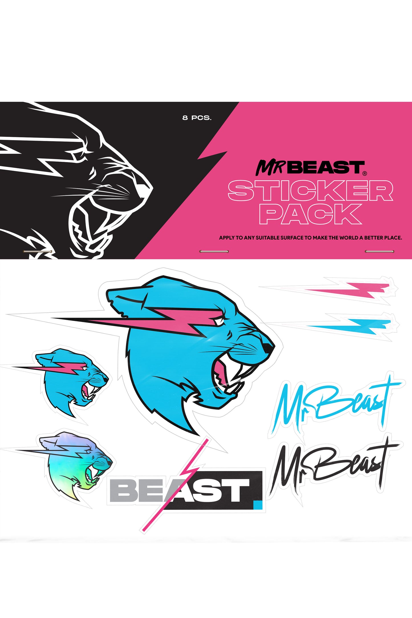 A collection of MrBeast branded stickers featuring various designs including a panther and the MrBeast logo.