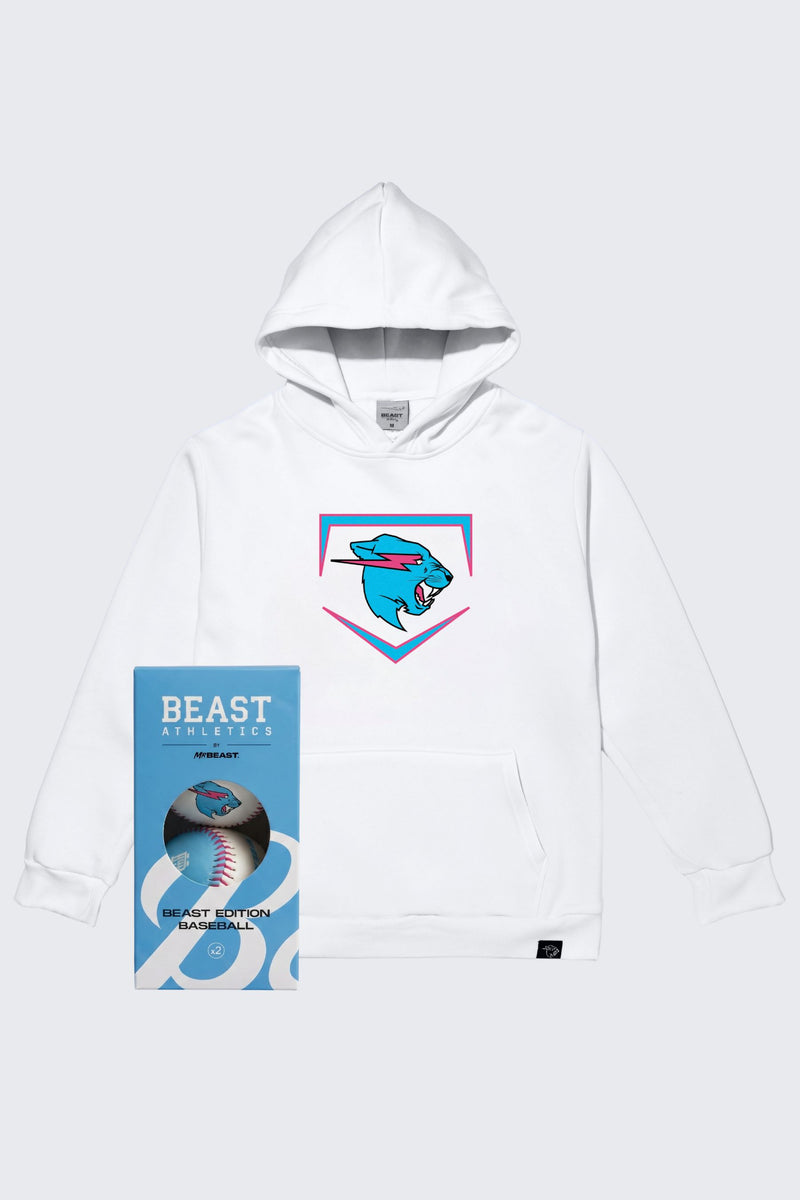 Beast Edition Plate Hoodie + 2 Pack Baseballs Bundle - White
