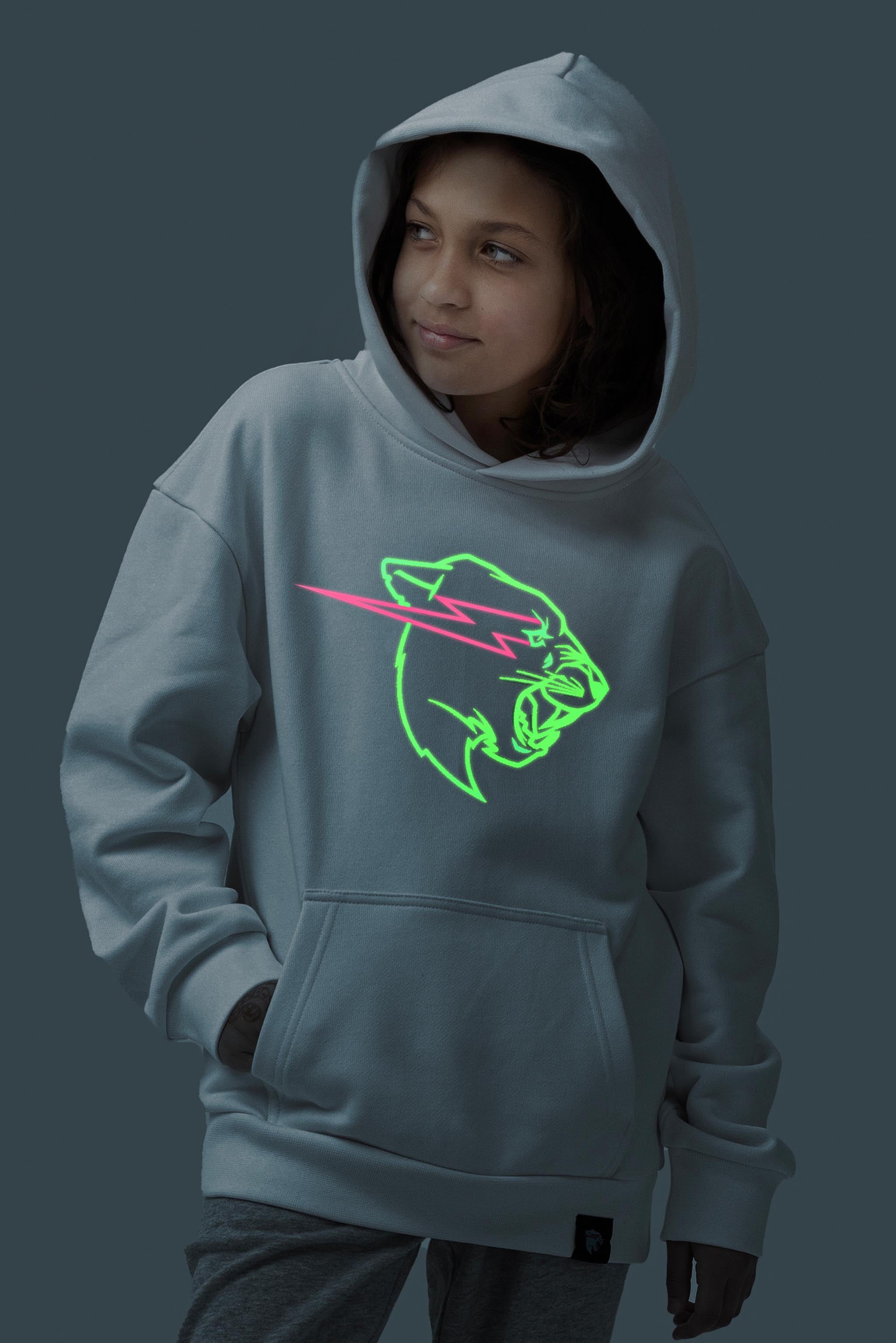 Youth Glow In The Dark Panther Hoodie - White – MrBeast.store
