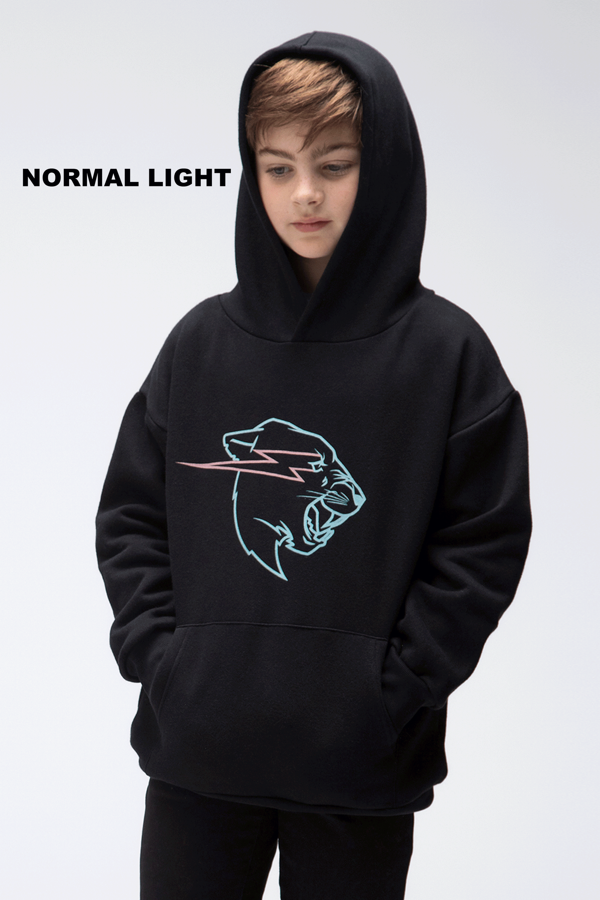 KIDS GLOW IN THE DARK PANTHER HOODIE BLACK MrBeast.store
