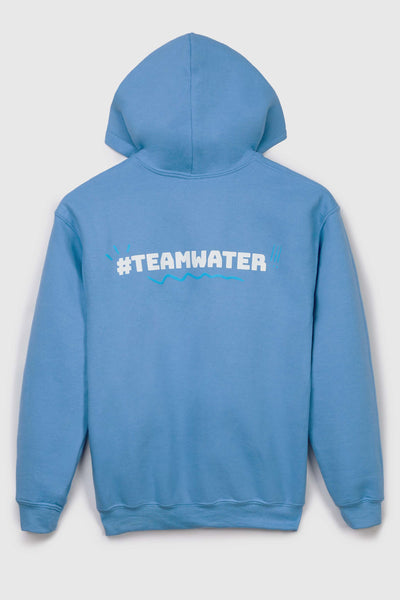 Blue hoodie with '#TEAMWATER' text on the back against a light gray background