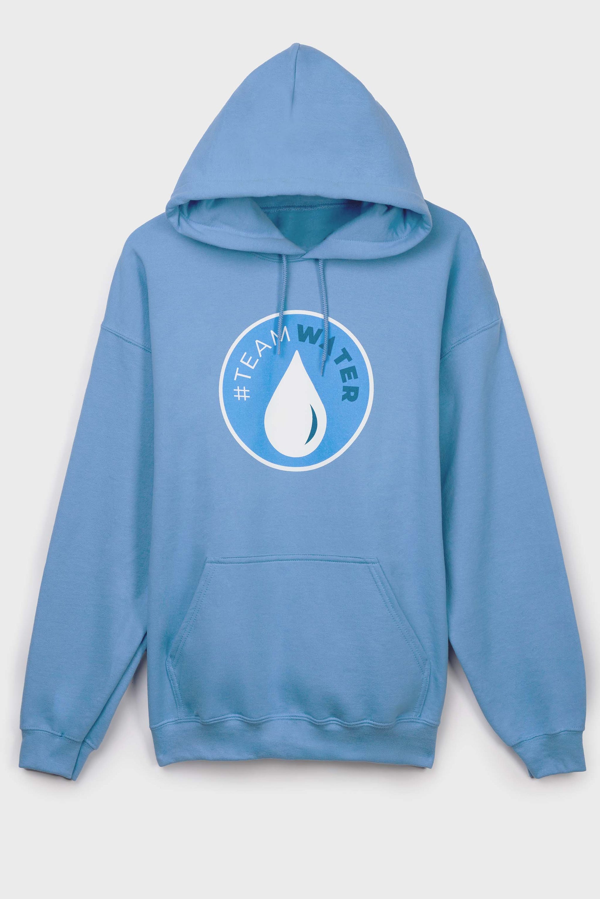 Blue hoodie with '#Team Water' logo on a light gray background
