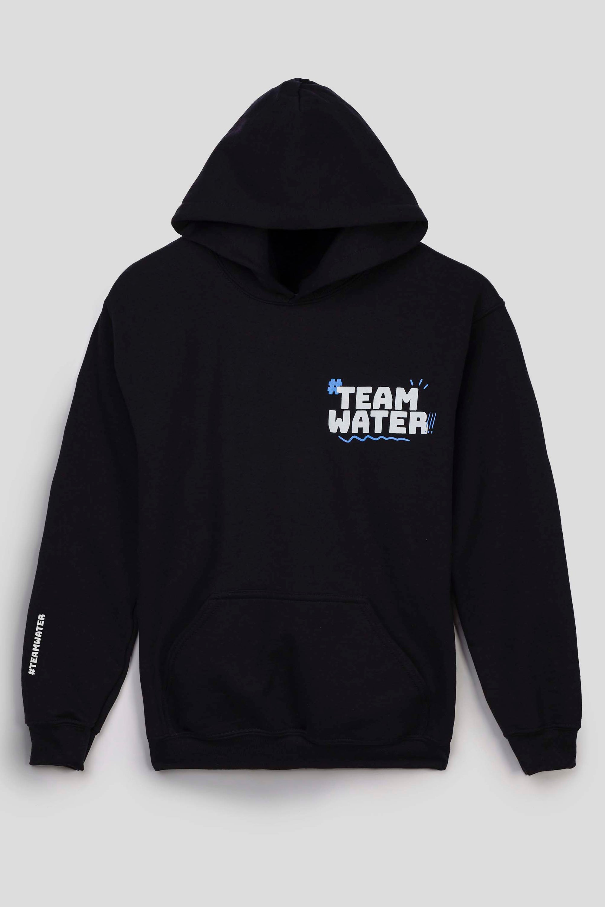 Black hoodie with '#Team Water' text on a light gray background