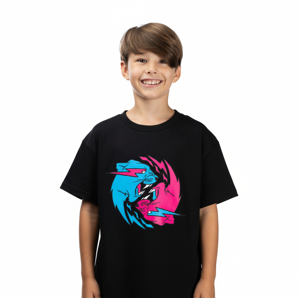Child wearing a black t-shirt with a colorful graphic design on a white background